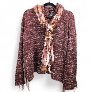 Upcycled Mauve Nubby Sweater Poncho Hoodie Handknotted Fringe Crocheted Scarf XL